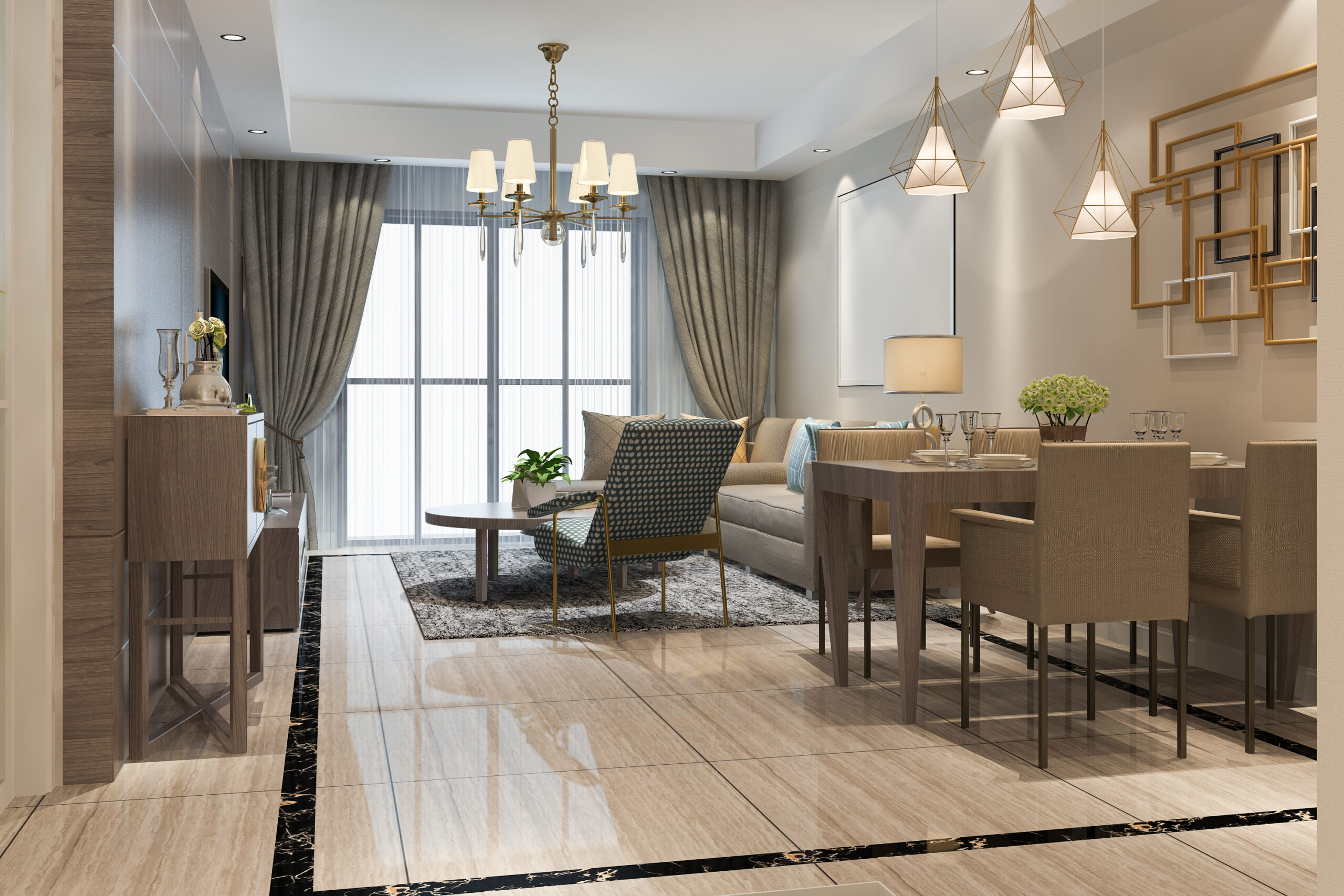 3d rendering loft luxury living room with shelf near dining table 3d rendering loft luxury living room with shelf near dining table