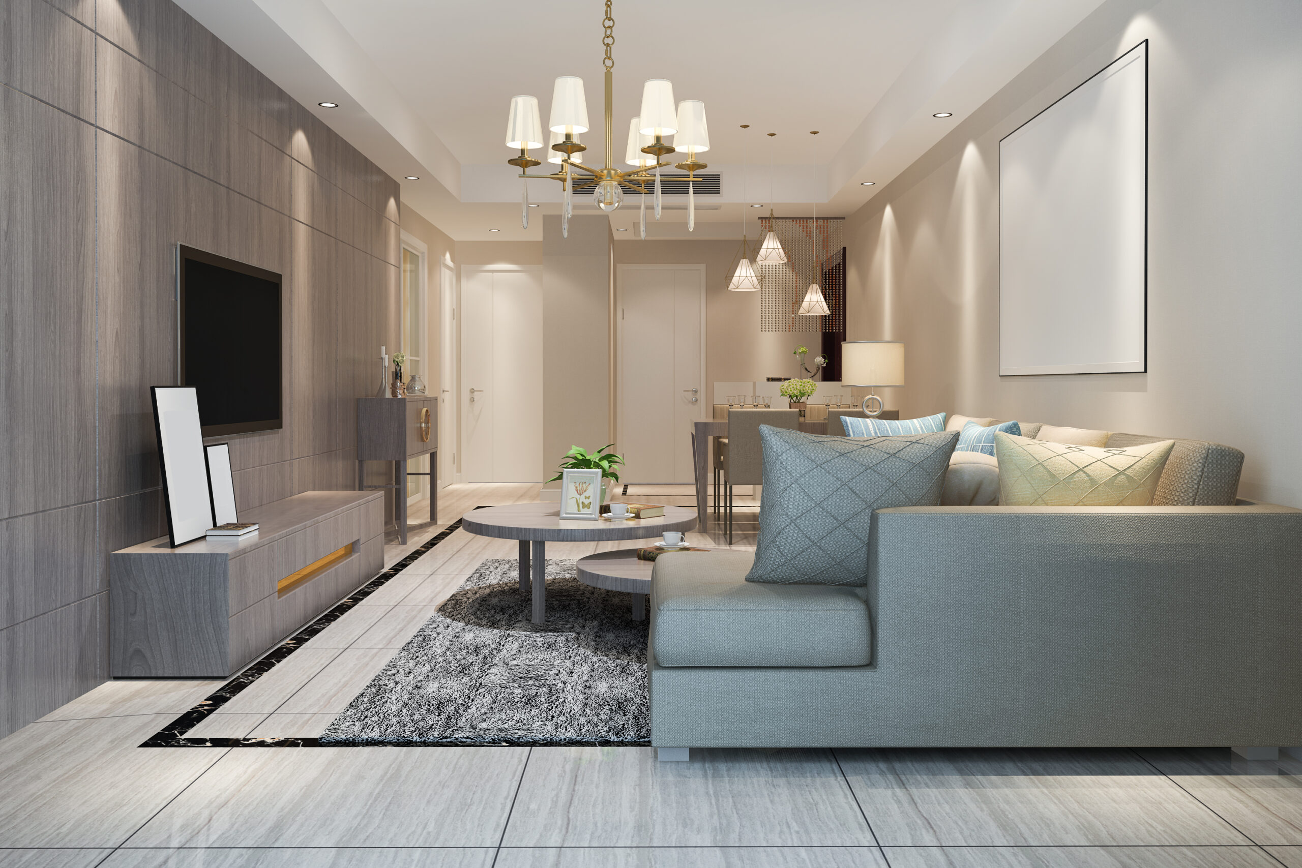3d rendering loft luxury living room with shelf near dining table 3d rendering loft luxury living room with shelf near dining table