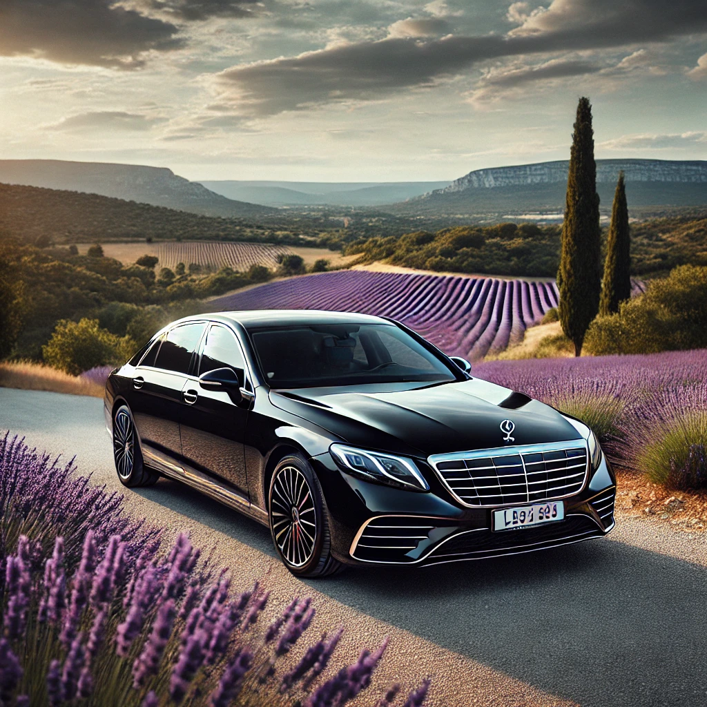 DALL·E 2025-01-14 13.28.51 - A luxury black car parked in a scenic Provençal landscape, with rolling hills and lavender fields in the background. The car is shiny and elegant, giv DALL·E 2025-01-14 13.28.51 - A luxury black car parked in a scenic Provençal landscape, with rolling hills and lavender fields in the background. The car is shiny and elegant, giv