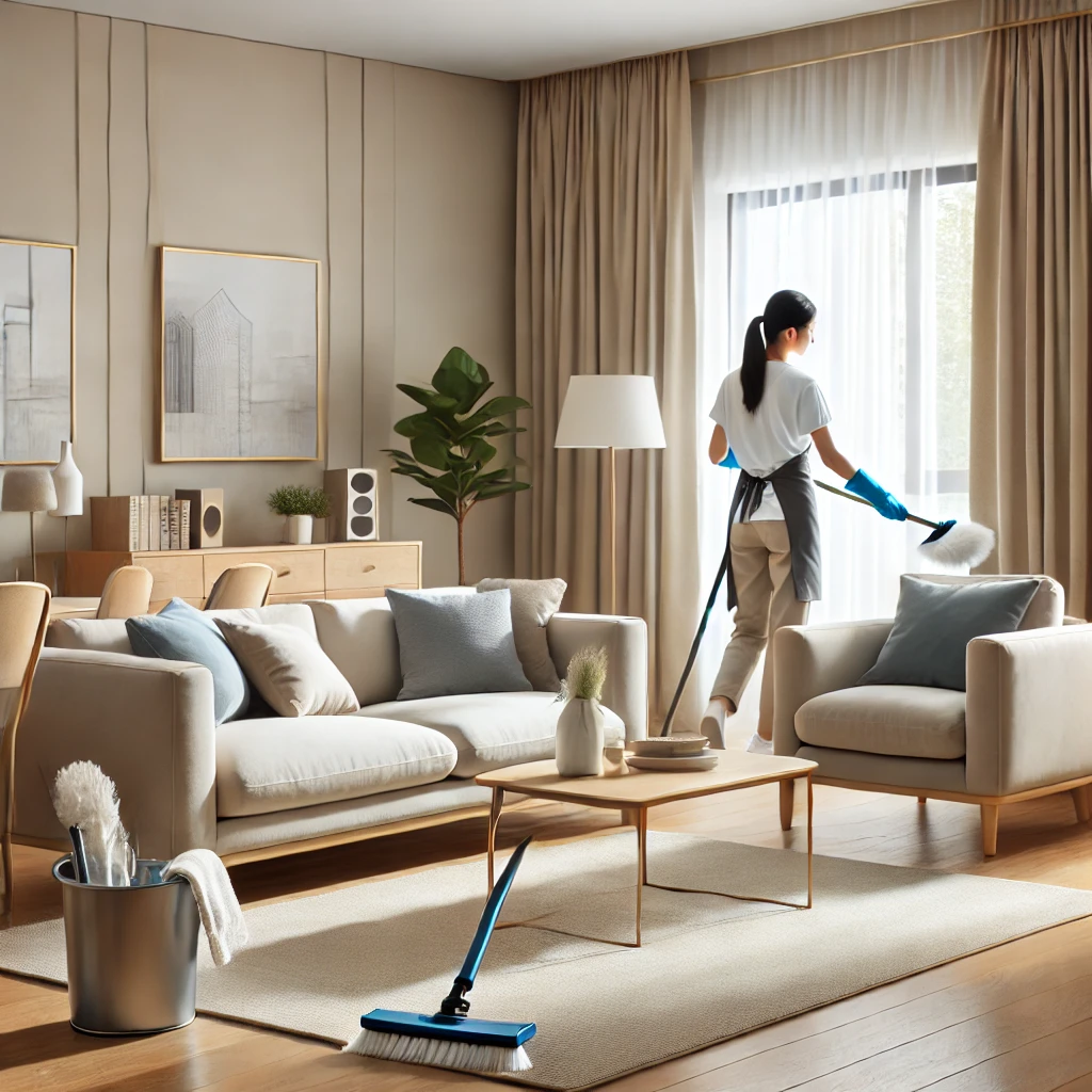 DALL·E 2025-01-16 14.20.11 - A clean and well-organized living room in a modern apartment, with neutral tones such as beige and light blue, featuring a professional cleaner in act